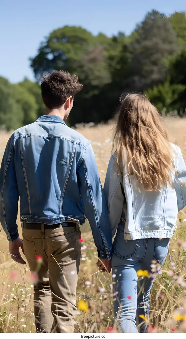 Couple Walking Hand in Hand Through Field of Wildflowers