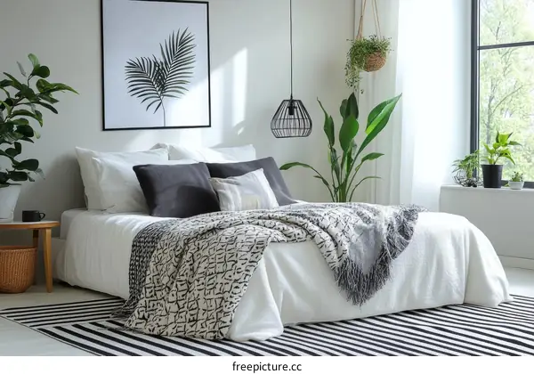 Modern Minimalist Bedroom with Plants and Artwork