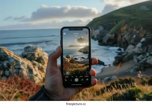 Man taking a Photo of a Beach on a Phone
