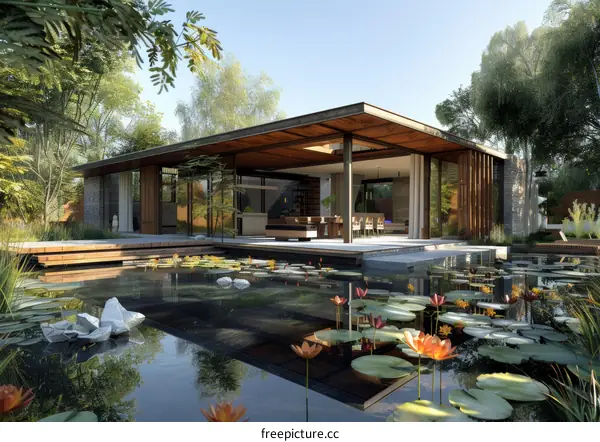 Modern Home with Reflecting Pool and Lily Pond