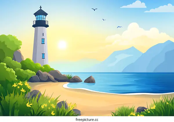 Lighthouse on a Coastline with Mountains in the Background