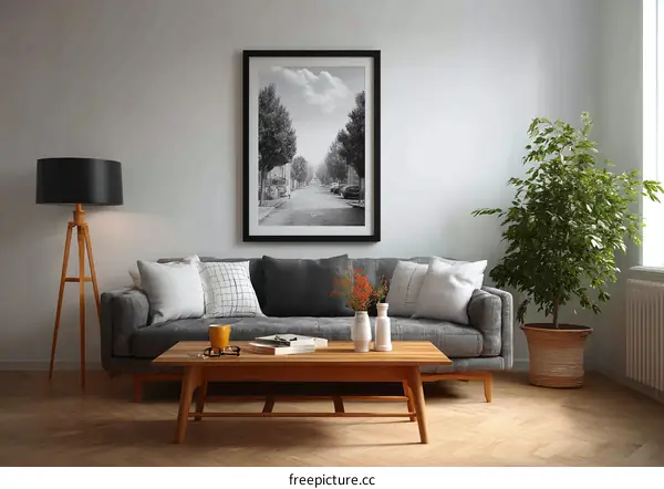 Modern Living Room Interior with Black and White Photo