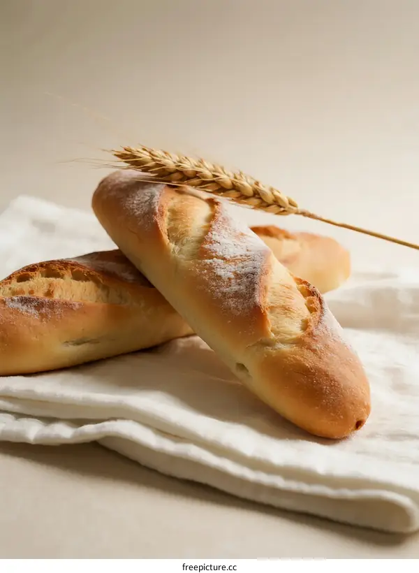Freshly baked baguette with wheat ear on linen cloth