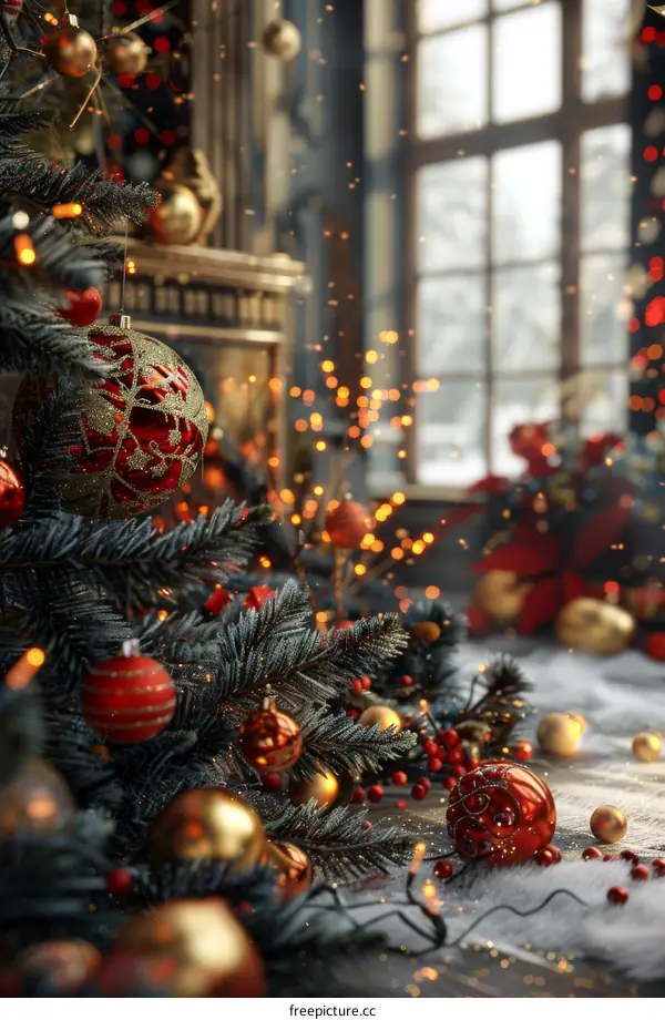 Christmas Tree with Ornaments and Warm Lights