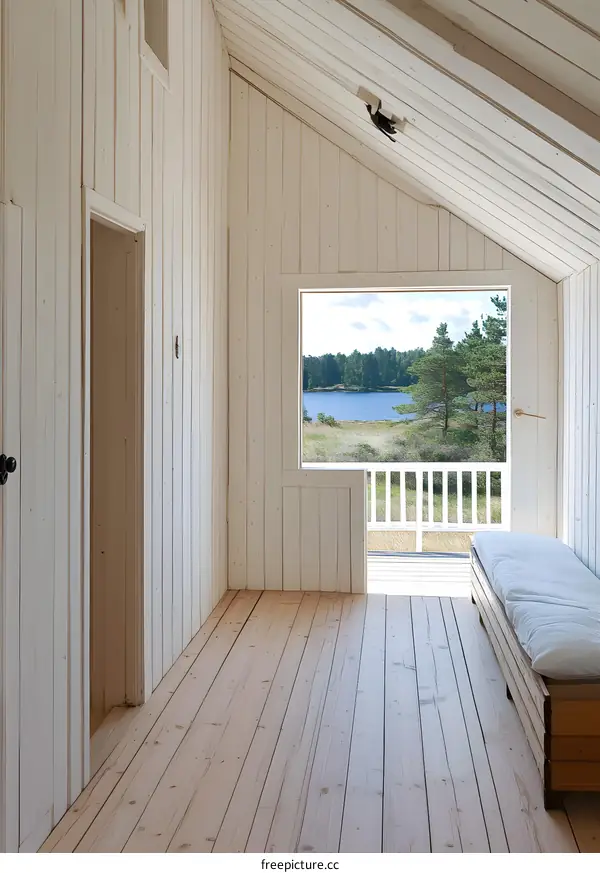 White Wooden Wall Room With a Window View of the Lake