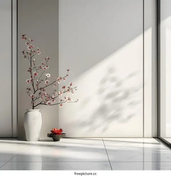 Minimalist Interior Design with White Vase and Cherry Blossom Branch