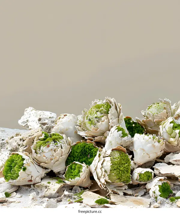 Close Up of Green Moss Growing on White Shells
