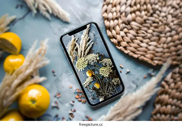 Dried Flowers, Lemons, and Phone on a Blue Background