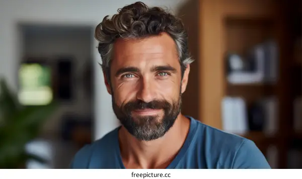 Portrait of a handsome man with green eyes and a beard