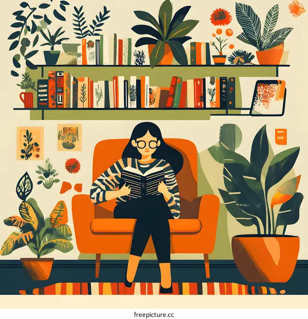 Woman Reading in a Comfortable Armchair Surrounded by Plants and Books
