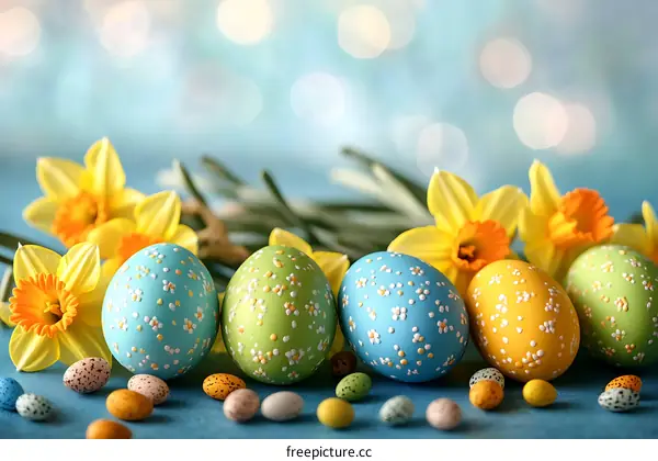 Colorful Easter Eggs and Daffodils Background