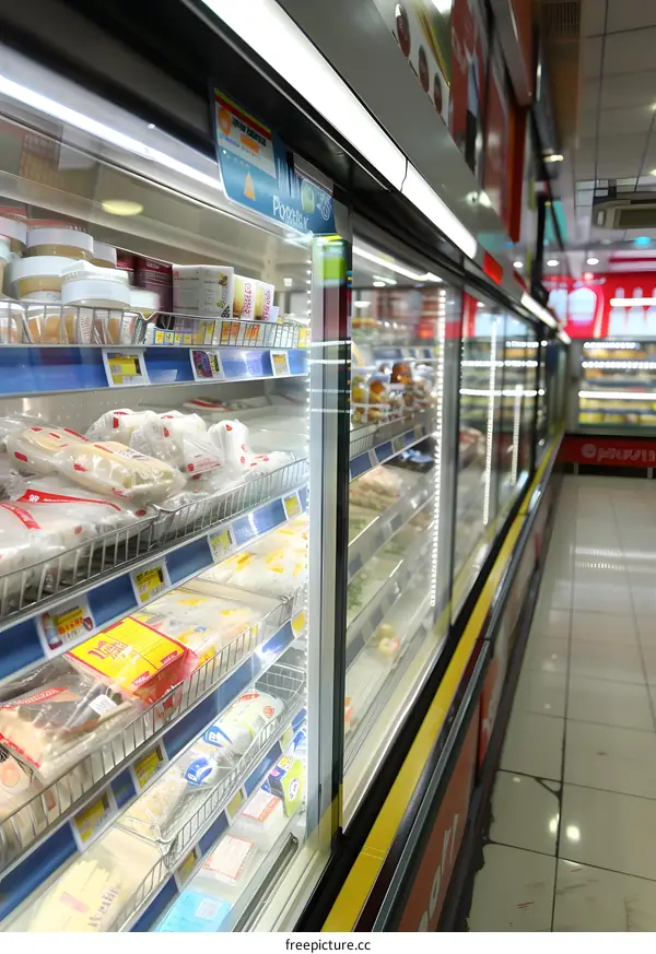 Frozen Food Display in Supermarket Aisles
