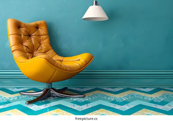 Modern Yellow Chair and Blue Wall in Room with Chevron Patterned Floor
