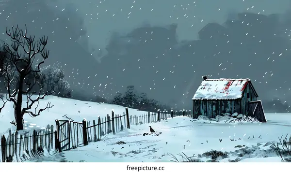 Winter Landscape With a Small Cabin and a Bird