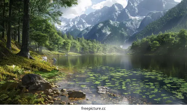 Serene Mountain Lake with Lush Vegetation