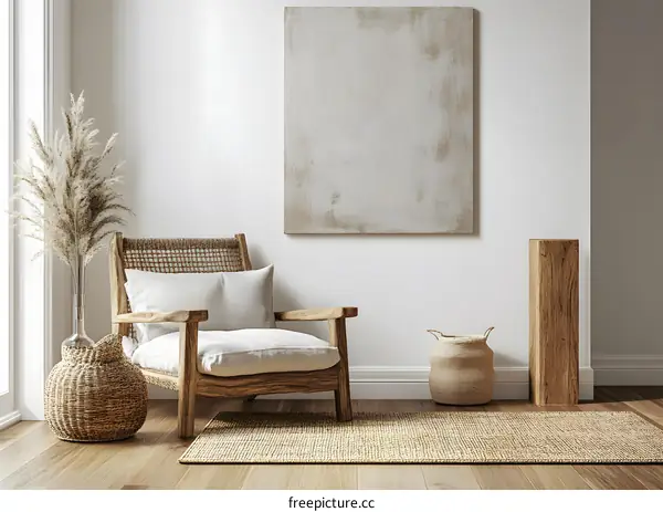 Modern Living Room Interior Design With Wooden Armchair and Neutral Color Palette