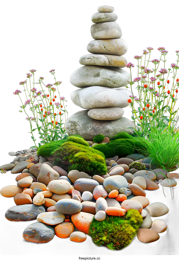 [Transparent Background PNG]Stack of Stones with Moss and Flowers on White Background