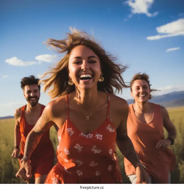 Three people running in a field