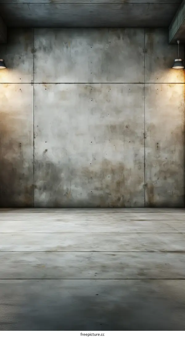 Industrial Grunge Concrete Wall with Wooden Floor and Spotlights