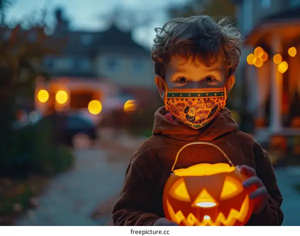 Little boy wearing a Halloween mask holding a pumpkin jack-o'-lantern