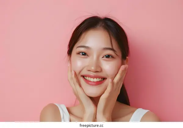 Smiling Young Asian Woman with Pink Background