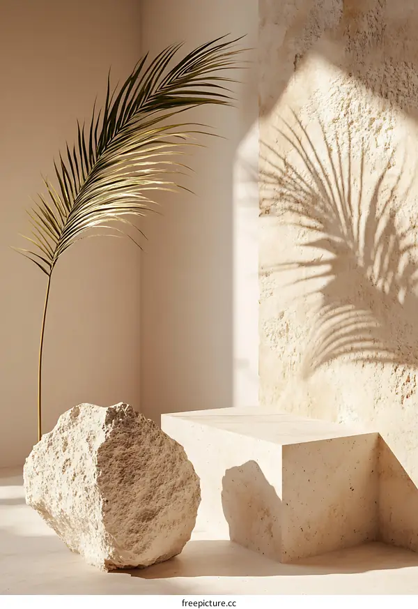 Minimalist Product Display with Stone and Palm Leaves