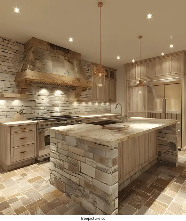 Modern Kitchen Interior Design With Stone Wall