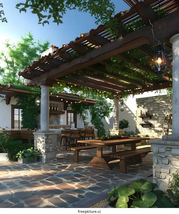 Outdoor Patio with Stone Walls and Wooden Table