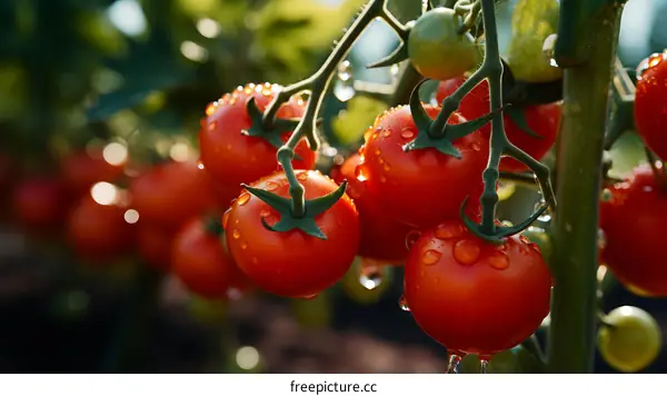Vine-ripened tomatoes with water drops