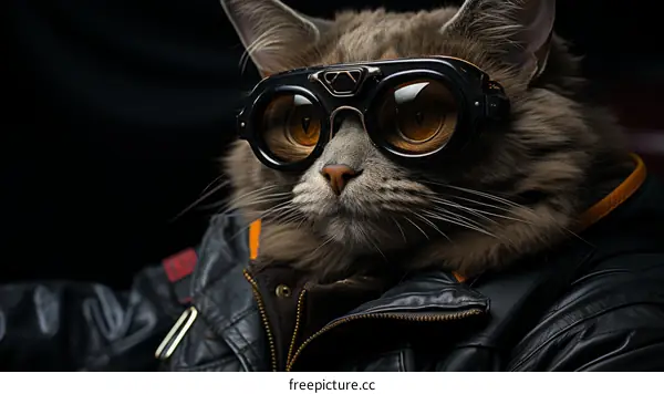 A gray cat wearing goggles and a black leather jacket