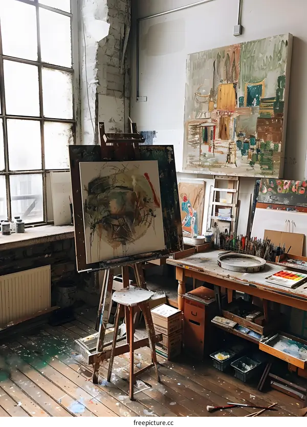 Art Studio with Paintings on Easels and Brushes