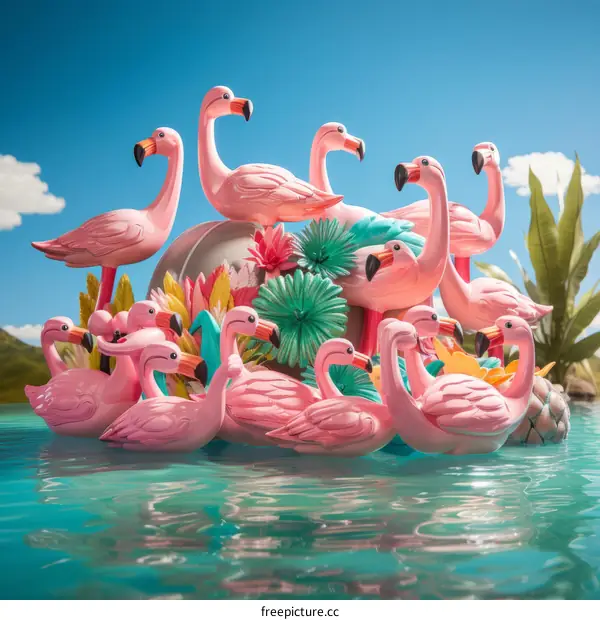 Pink flamingos in a blue sea