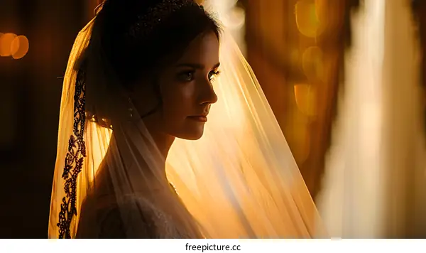 Portrait of a beautiful bride in a white dress and veil