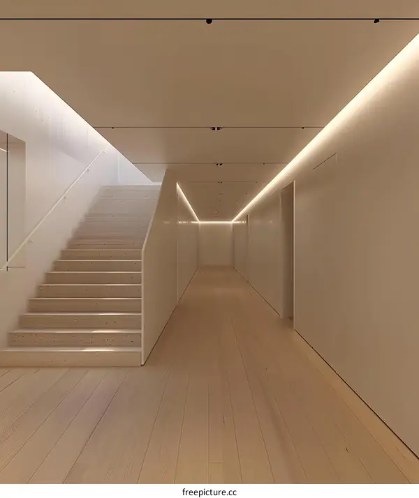Modern Minimalist Hallway Interior Design with Wooden Stairs and Light Strip