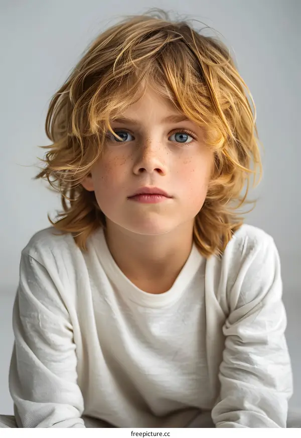 Portrait of a Young Boy with Blonde Hair and Blue Eyes