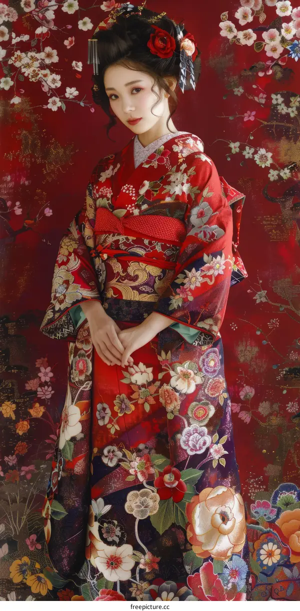 A woman wearing a red kimono with floral patterns.