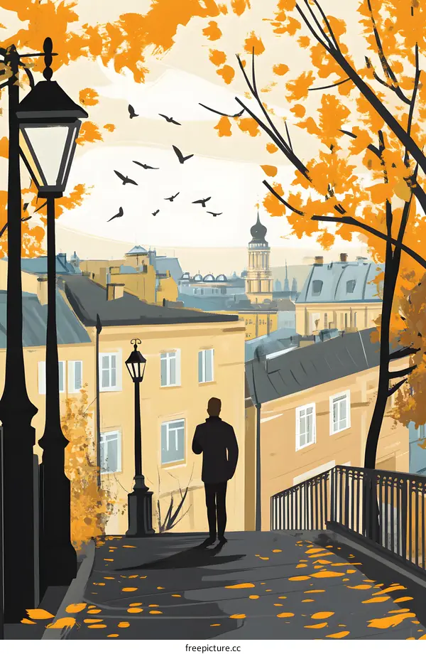 Autumn Day in European City with a Man Walking on a Bridge