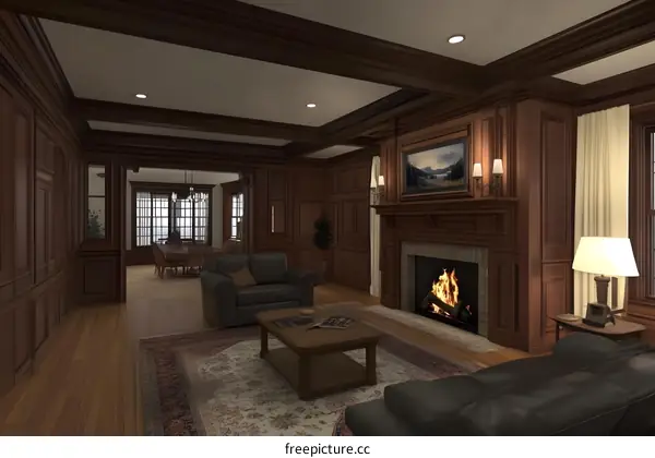 Luxury Living Room Interior Design with Fireplace and Wooden Paneling