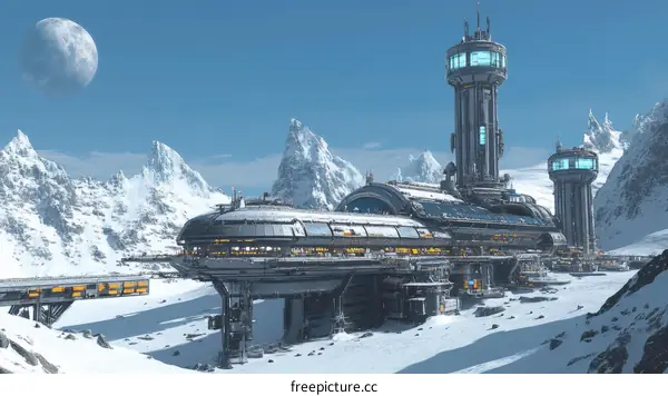 Futuristic Space Station in Snowy Mountains