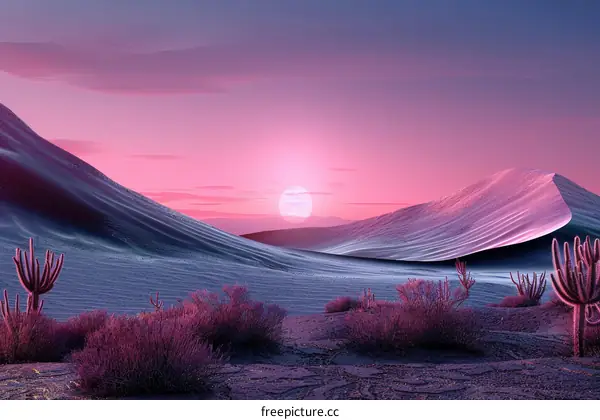 Pink Desert Landscape with Cacti under the Moonlit Sky