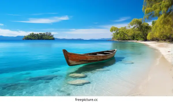Wooden boat on a tropical beach with crystal clear water