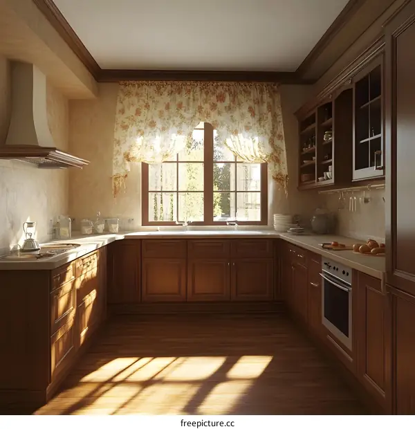 Modern Kitchen with Wooden Cabinets and Window with Curtains