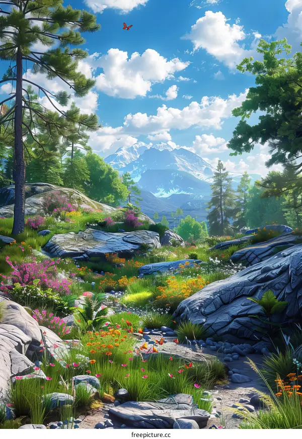 Colorful Flowers and Lush Greenery Adorn Mountain Landscape