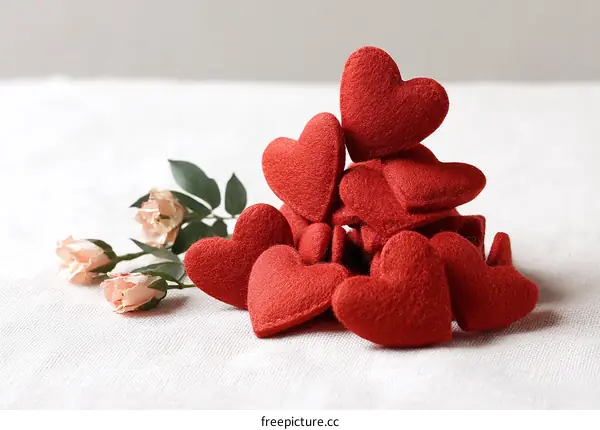 Red Felt Hearts on a White Surface with Roses