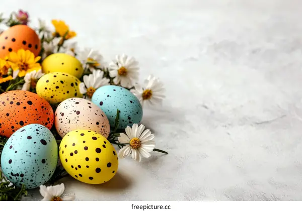 Colorful Easter Eggs with Flowers on a Light Grey Surface