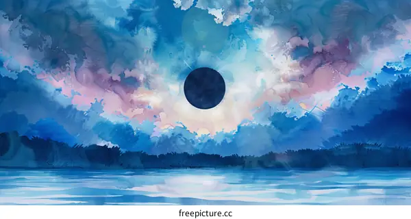 Abstract Watercolor Painting of Solar Eclipse Over Lake
