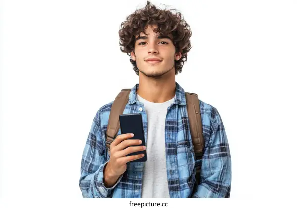 Young Man Holding Smartphone Student Portrait