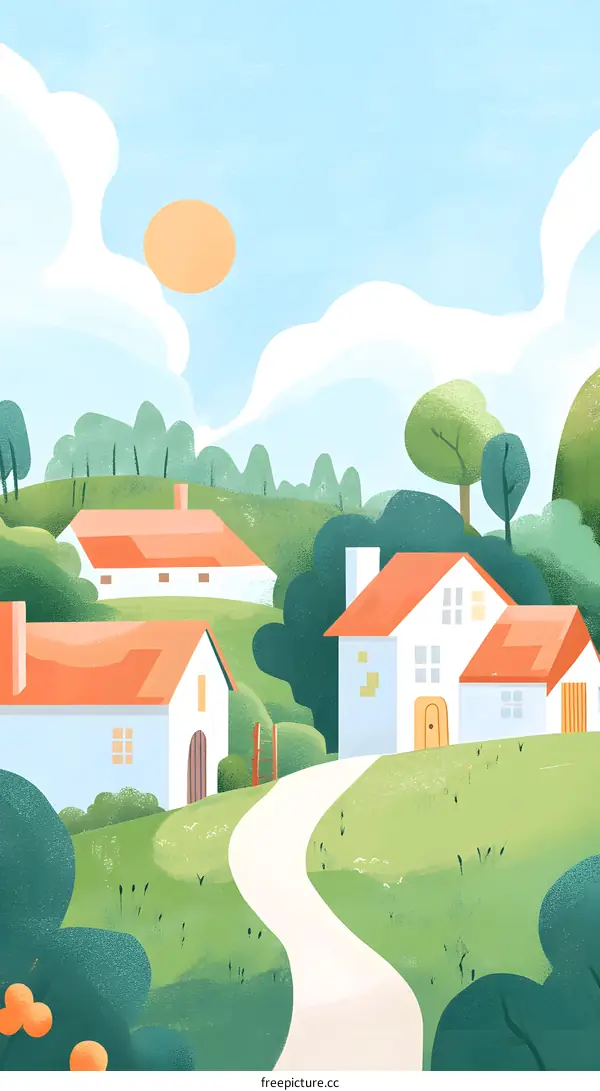 Beautiful Countryside Landscape With Houses and Winding Road