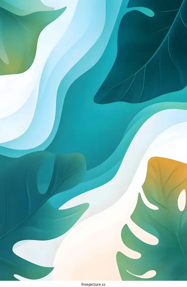 Tropical Green Leaves Background with White and Blue Waves