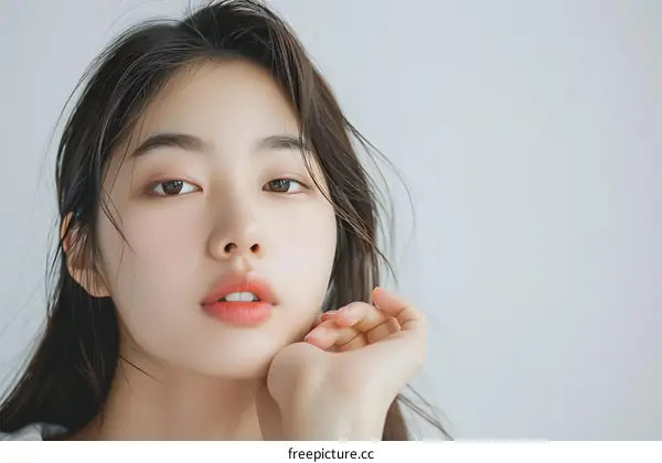 Beautiful Asian Woman with Long Black Hair Posing for Portrait